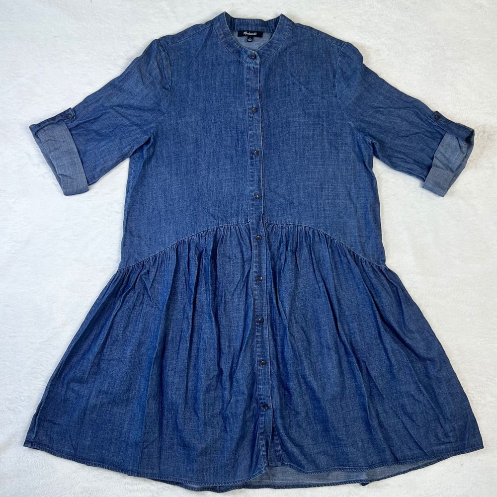 Madewell Denim Button Front Drop Waist Shirt Dress Blue Small
